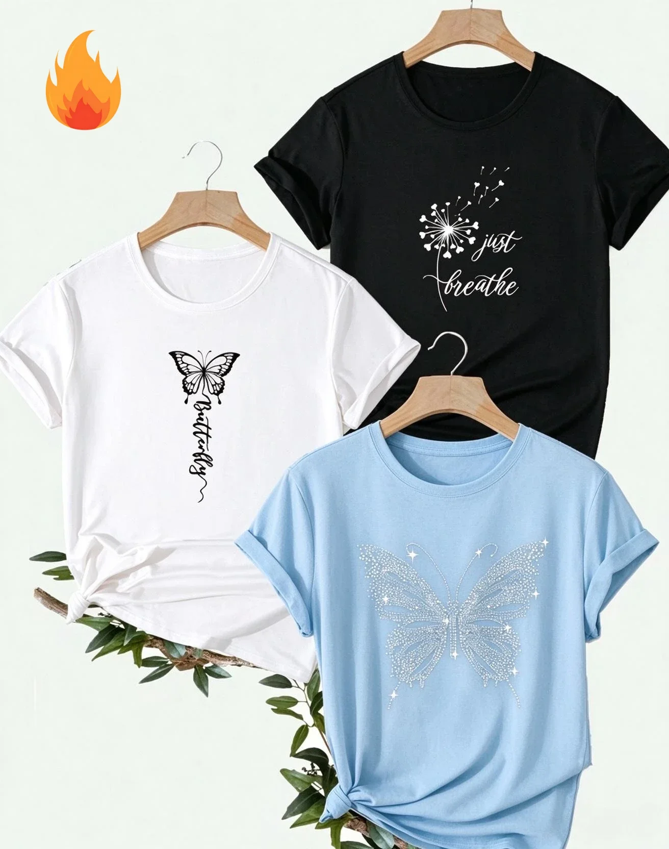 2026 Women 3-Pack Cottagecore Aesthetic Casual T-Shirt Multipack, Dandelion & Butterfly Graphic Print Tees, Soft Comfy Crew Neck Short Sleeve Tops For Female Daily Outfit