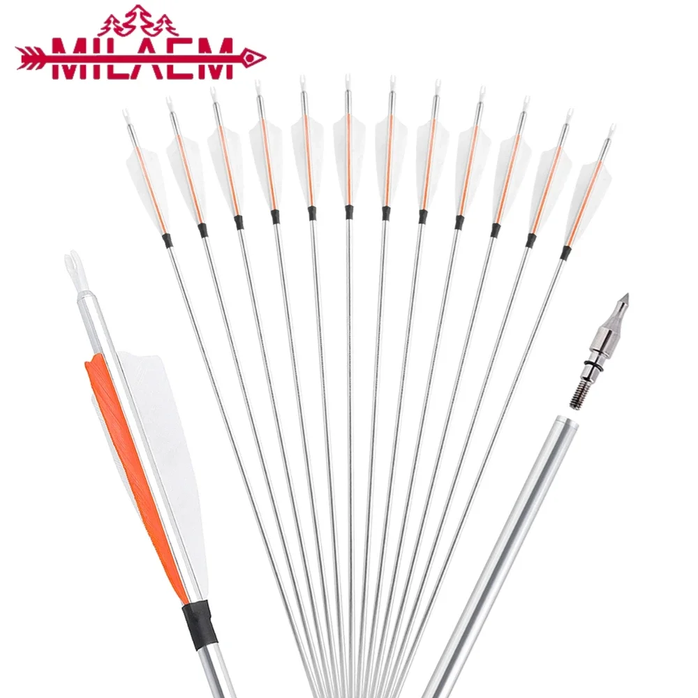 6/12pcs 32 Inch Archery Aluminum Arrow Spine500 ID6.45mm with 4 Inch Turkey Feather for Recurve Bow Hunting Shooting Accessories