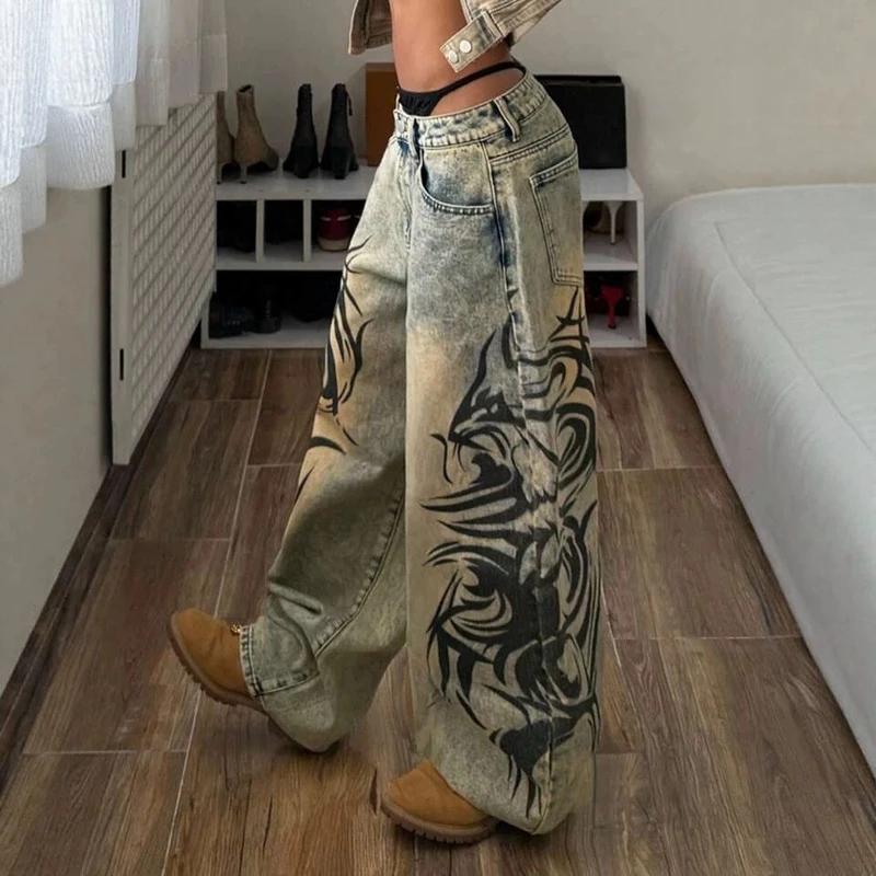 2026 Summer New Vintage Mud Fade Jeans Side Abstract Tribal Print High Waist Loose Wide Leg Euro American Daily Casual Pants