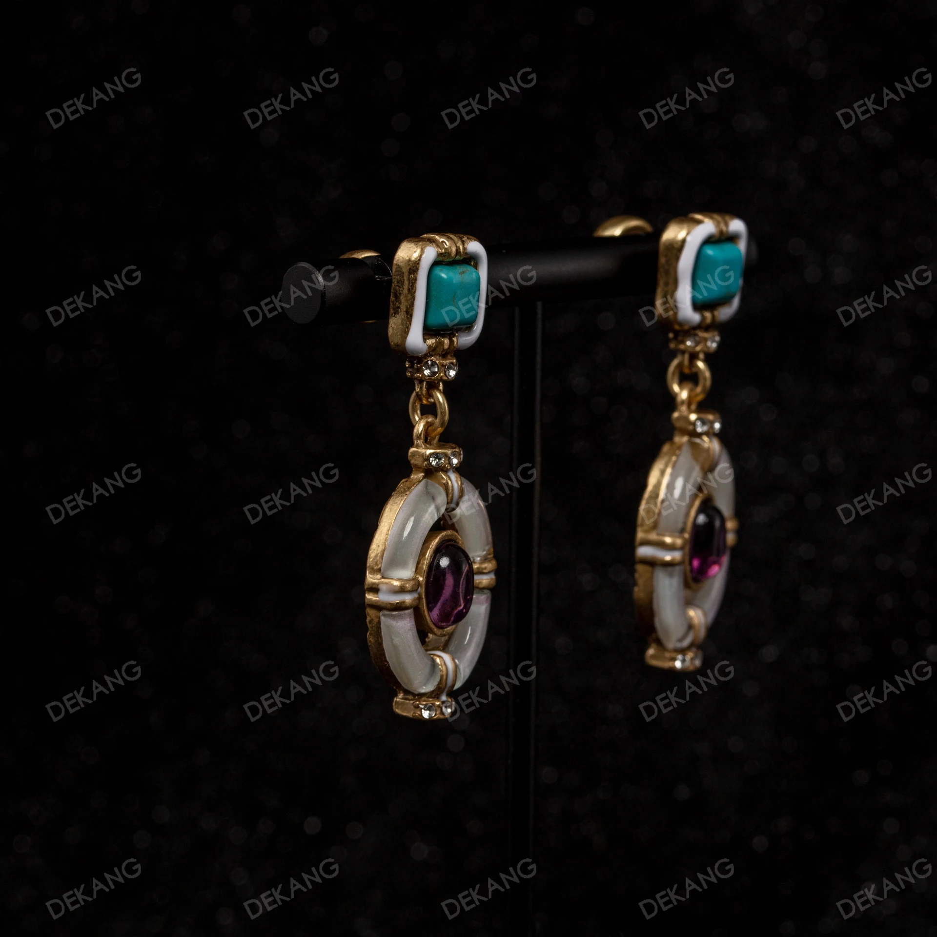 Copper-Plated Aged Golden-Red Glass Diamond-Encrusted Earrings