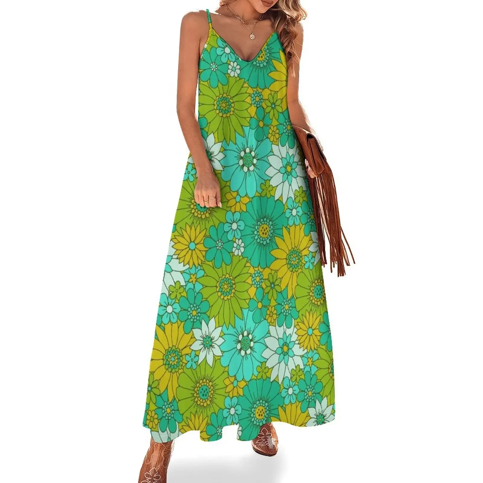 

Retro Daisy Floral - Lime Sleeveless Dress prom dress Summer women's clothing Dress