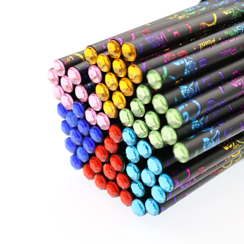 New Product 6 Pieces / Set High Quality Pencil Packaging 6 Colorful Diamond Pencils Of Different Colors Cute School Black Wooden