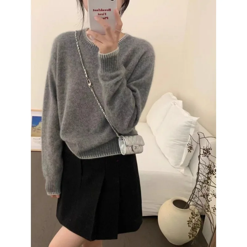 Women Round Neck Knit Pullover Contrast Trim Long Sleeve Loose Casual Sweater