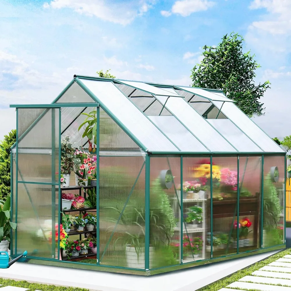 

10x6 FT Polycarbonate Greenhouse for Outdoors, Heavy Duty Aluminum Greenhouses kit with Rain Gutter, Vent and Lockable Door, Wal