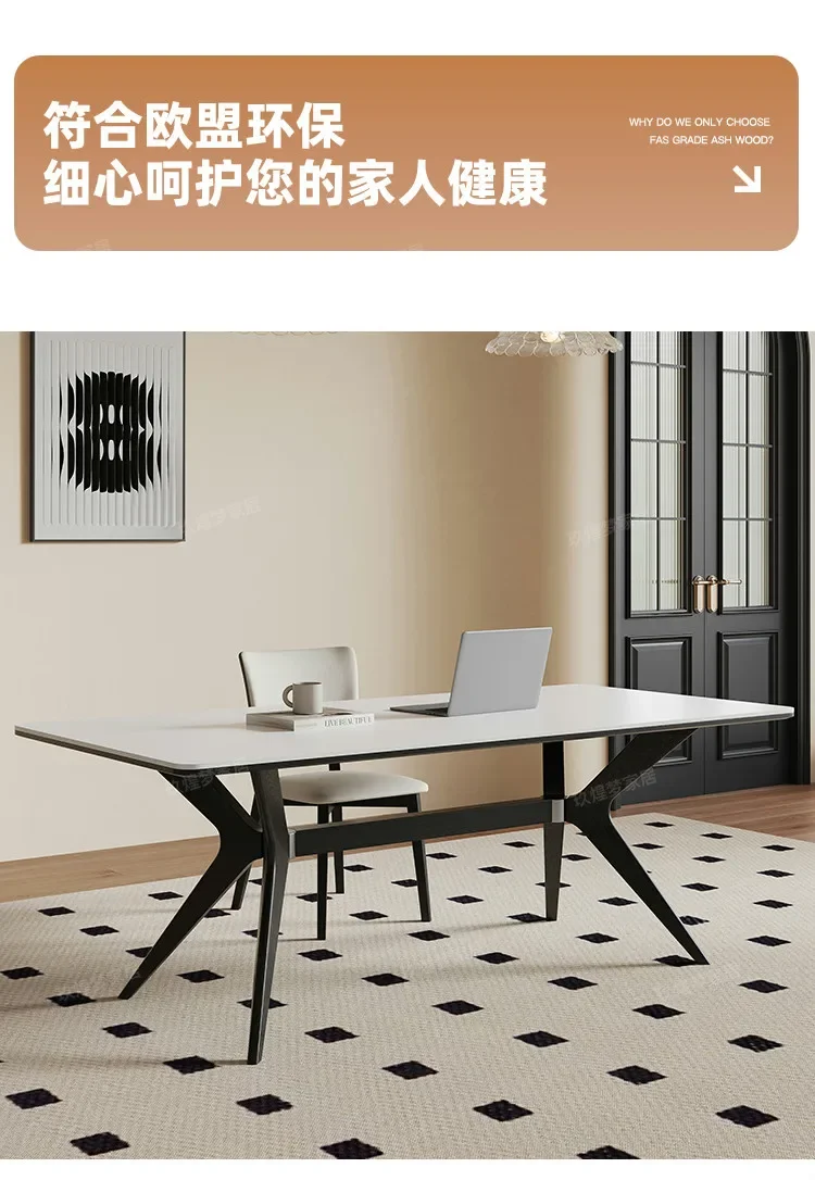 French retro solid wood rock slab dining table matte white high-end rectangular modern simplicity