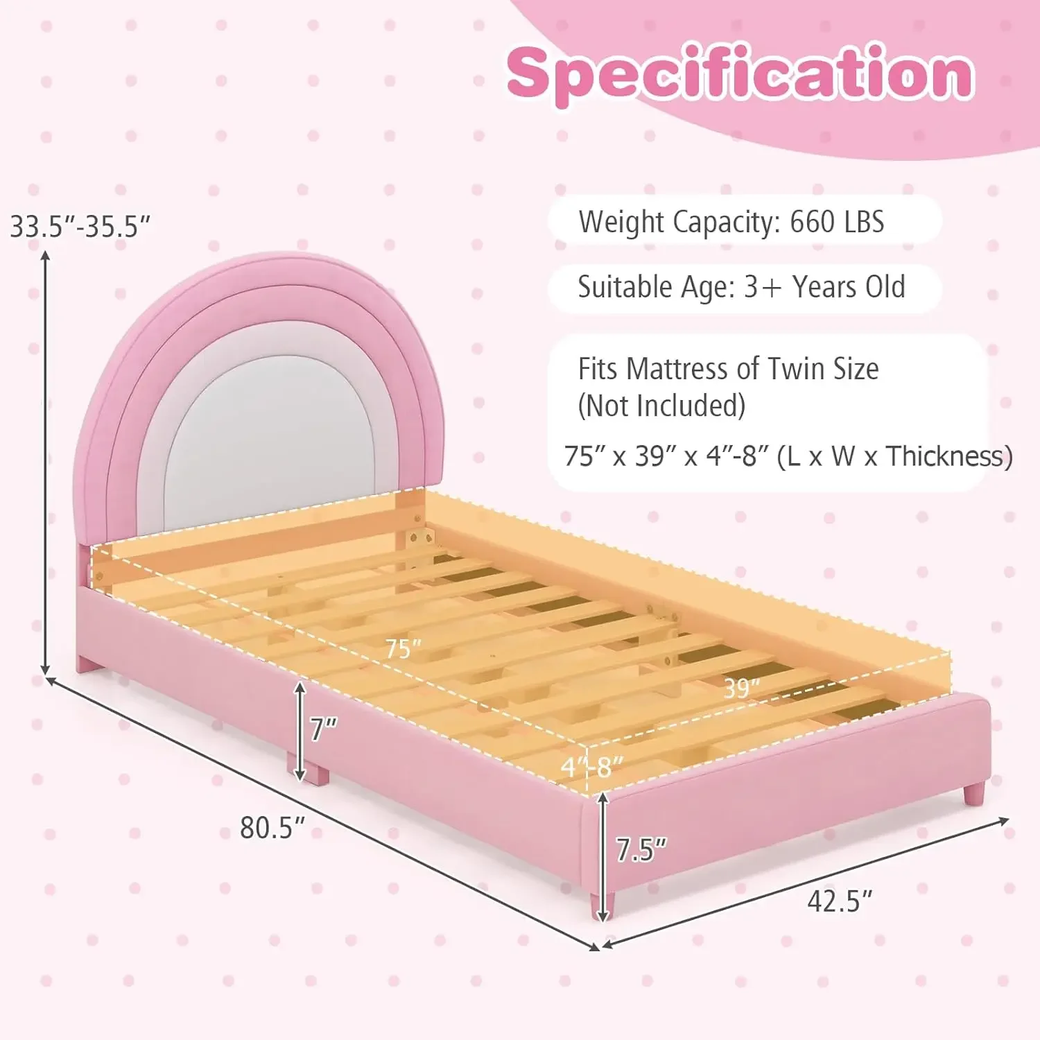 Headboard dapat disesuaikan, kapasitas berat 660 LBS lapis kain tempat tidur anak-anak kayu dengan papan dukungan, tidak ada kotak musim semi yang diperlukan, perakitan mudah,