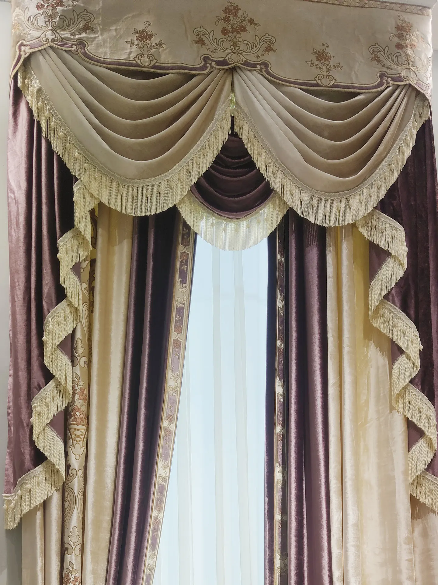 French Heavy Industry Embroidery Purple Beige Embroidery Velvet Splicing Curtains for Living Room Bedroom Partition Curtain