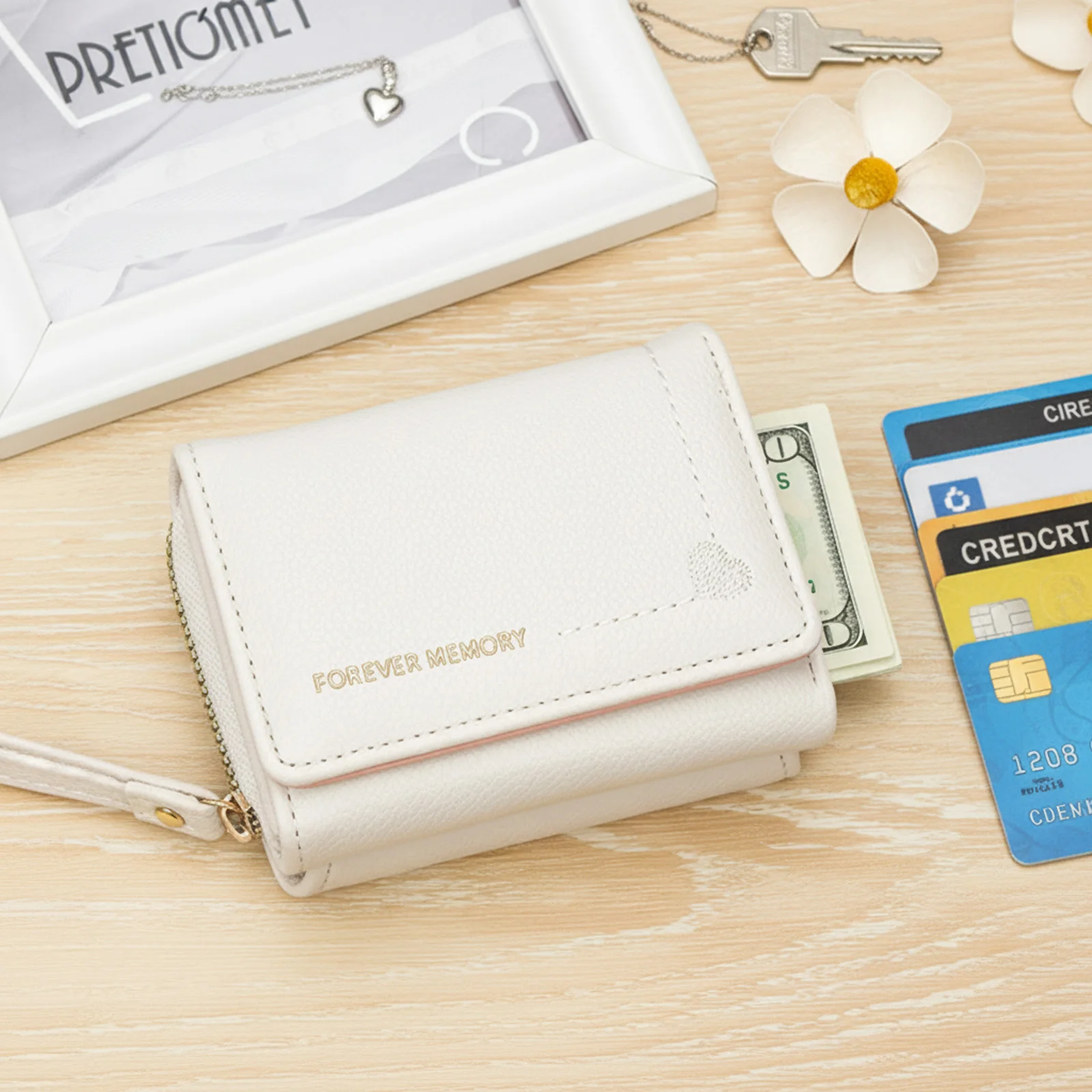 Women Short Tri-fold Wallet with Heart Embroidery Multiple Card Slots Compact Card Holder Lightweight Purse Organizer