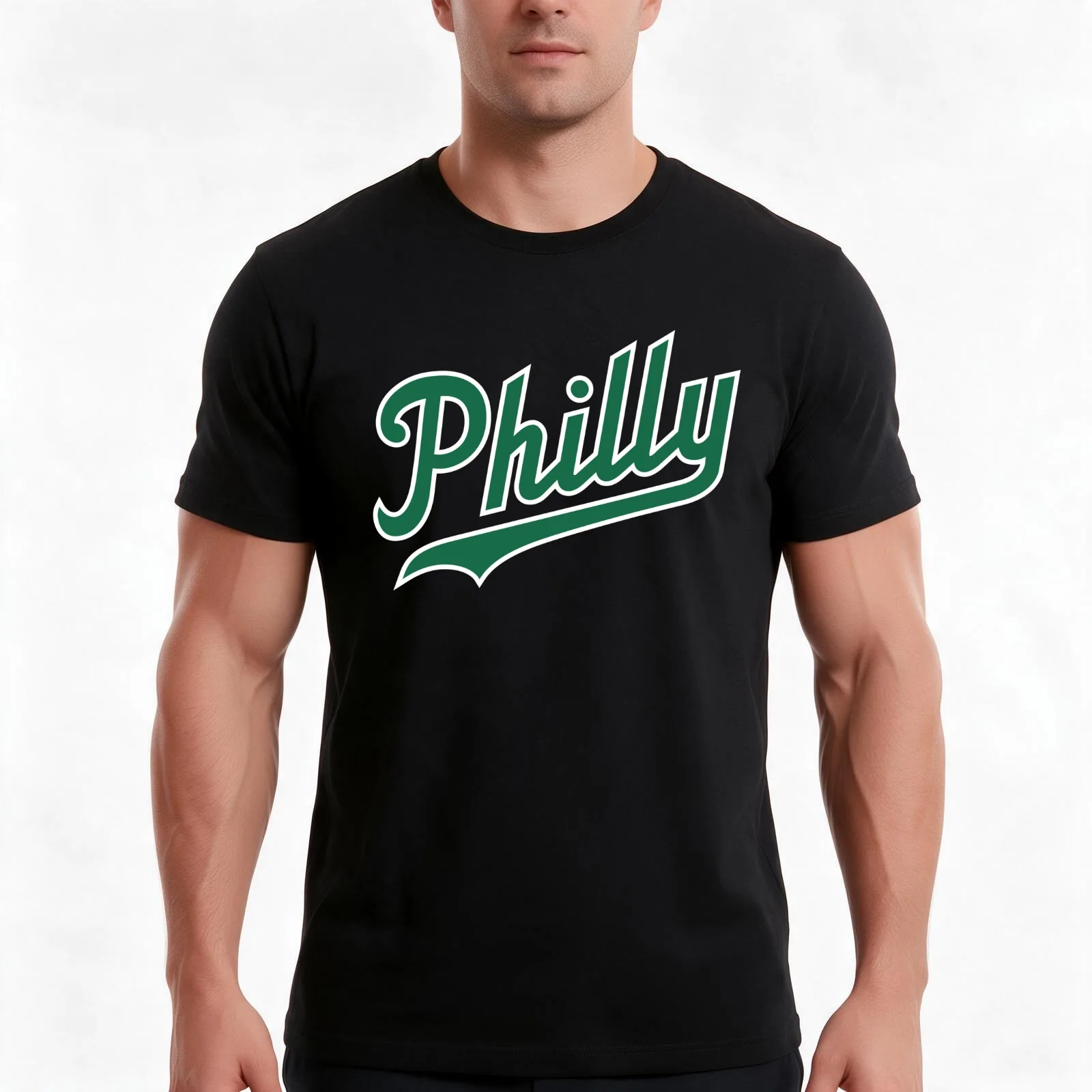Philly Script - Black/Green T-Shirt Summer Casual Cotton Tee Oversized Streetwear Tops Vintage Graphic Print 100% Cotton