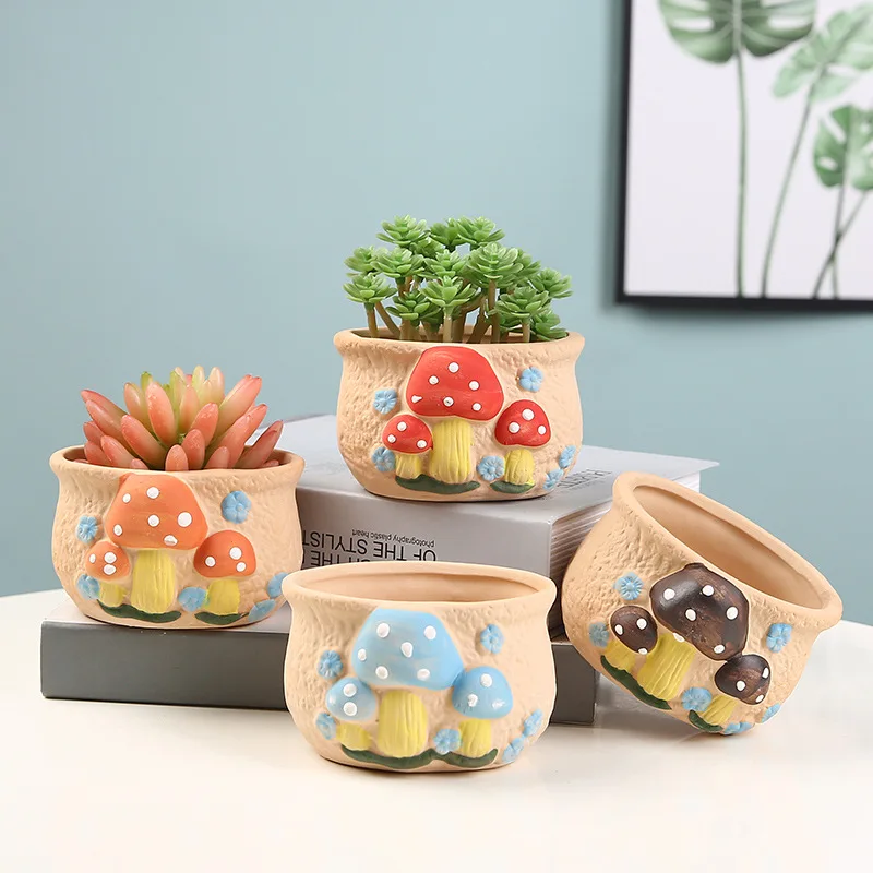 

Hand Painted Terracotta Pot Colorful Mushroom Design Cute Oval Planter with Drain Hole for Succulents