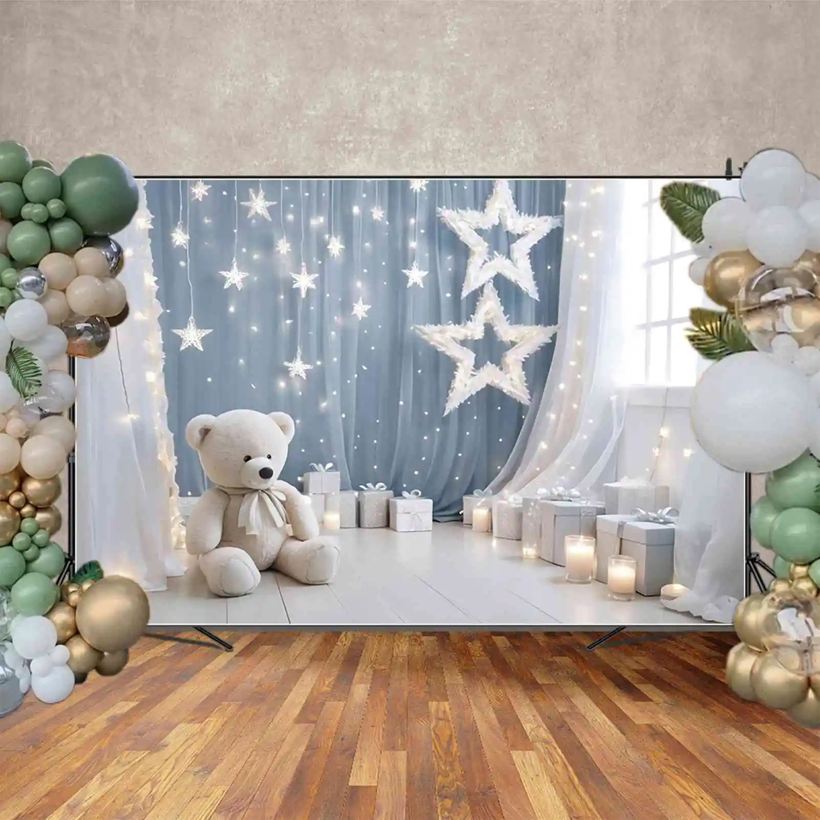 Moon.qg ดาวแสงฉากหลังวันเกิดครั้งแรกลูกบอลเทียนเด็กพื้นหลังตุ๊กตาหมีที่กำหนดเองตกแต่งปาร์ตี้อุปกรณ์ประกอบฉากการถ่ายภาพ