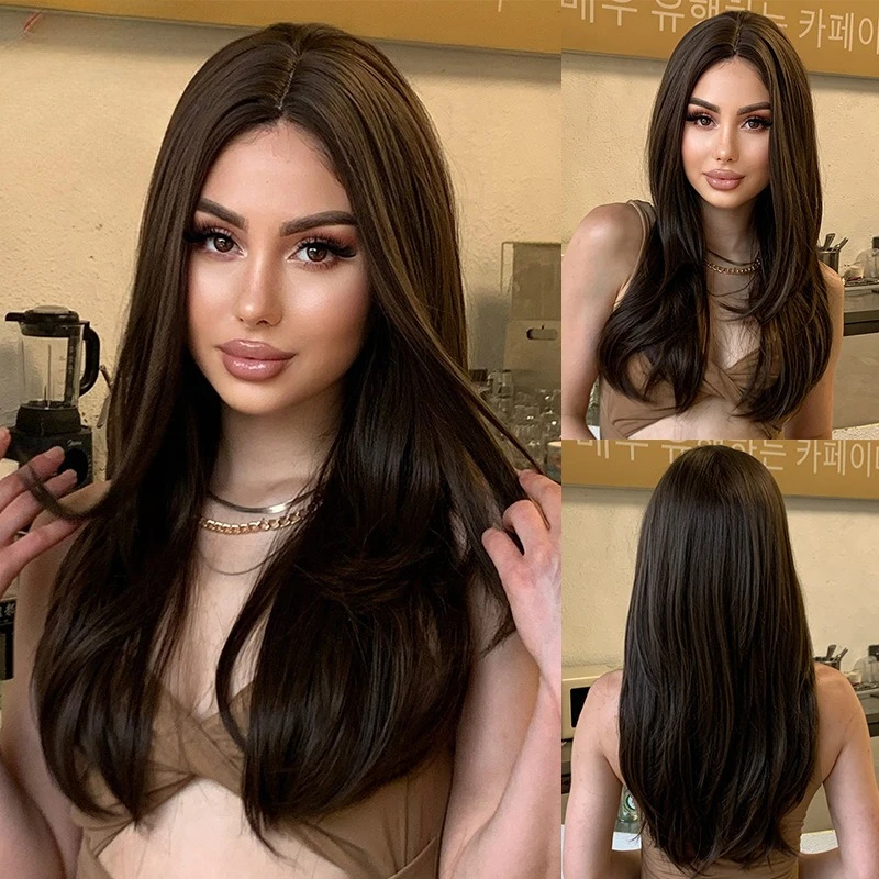 

High temperature silk ladies wig, elegant long hair dark brown, micro-curl design daily commute