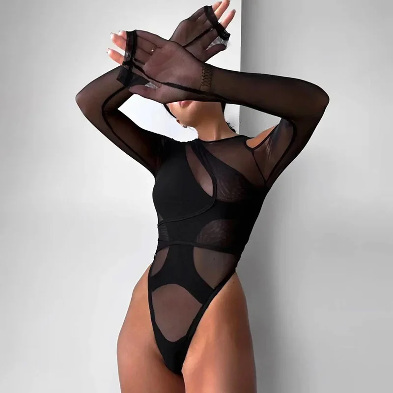 Sexy Women Hollow Out Mesh Bodysuits Skinny Rompers Long Sleeve Cut-out Shoulder Bodysuit See Through Outfits Party Overalls New