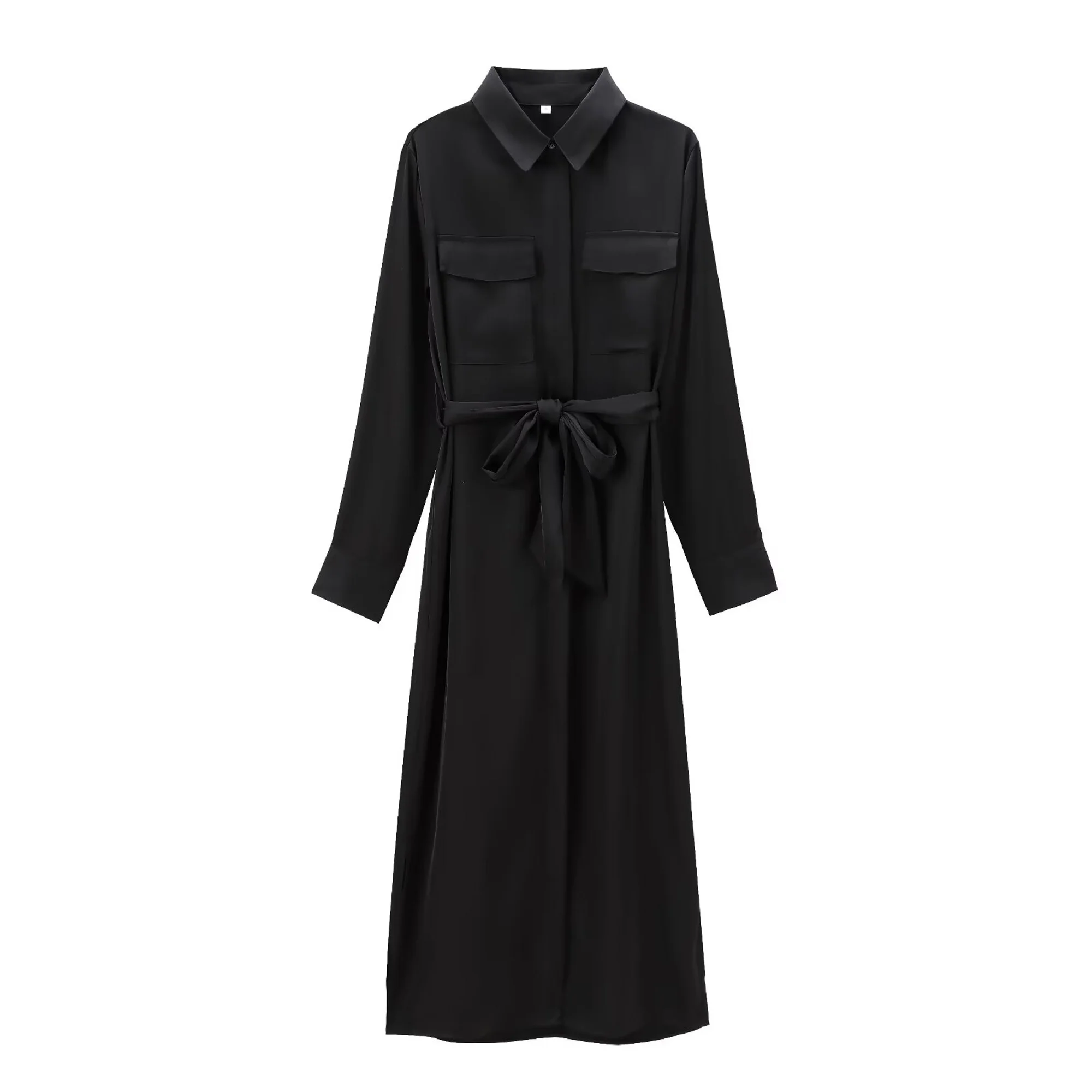 Women\'s Shirt Dress with Single-Breasted Pockets Trimmed Waist Lace-up Silk Satin Texture Commuter Quality Midi SkirtShirt Dress