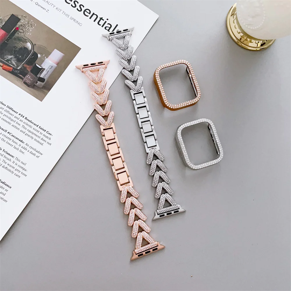 Tinh Thể Và Da Bò Kim Loại Dây Chuyền Tương Thích Với Apple Đồng Hồ Vòng Tay Ban Nhạc Với Bling Ốp Lưng Bảo Vệ 41Mm 42Mm 44mm 45Mm 49Mm
