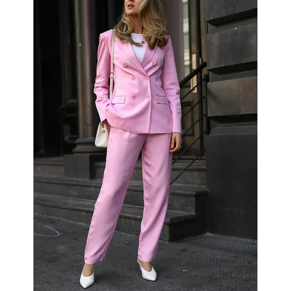 

Suit Women Fashion Pink Blazer Pantsuit Vintage V Neck Long Sleeve Blazer+High Waist Pant Sets Leisure Office Lady Suit