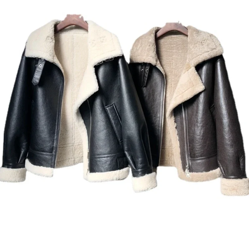 Chaqueta de invierno para mujer, abrigo de piel de oveja Natural, traje de vuelo B3 corto, Abrigos de motocicleta de pelo de cordero, ropa de cuero suelta, Abrigos