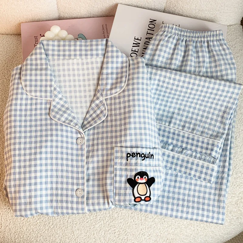 Fall and Winter Plaid Penguin Print Pajamas Women Long Sleeve Soft Loungewear Fashion Sleepwear Homewear Korean Version 2PCS/Set