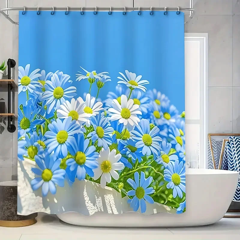 ستارة دش أنيقة مع زهور الأقحوان الزرقاء والبيضاء الجميلة مناسبة للفصل الرطب والجاف لديكور المنزل الربيعي #1