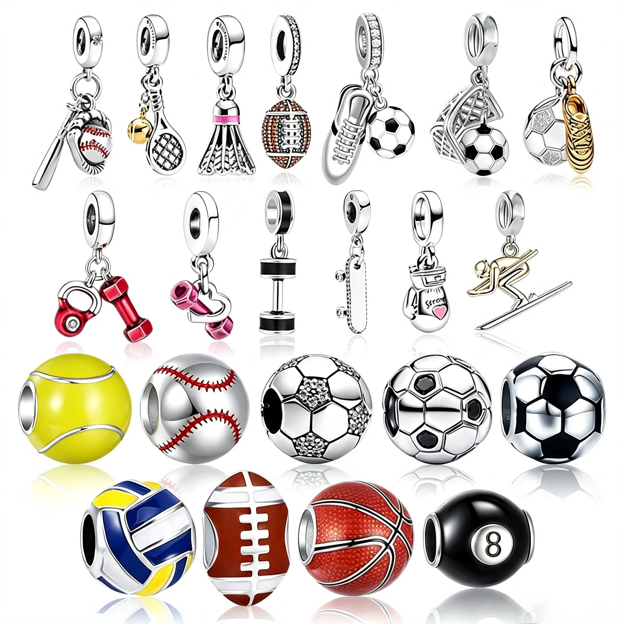 Sports Dangle Charms Beads Football Basketball Baseball Fitness Pendant Fit Snake Chain Bracelet Women DIY Jewelry Gift