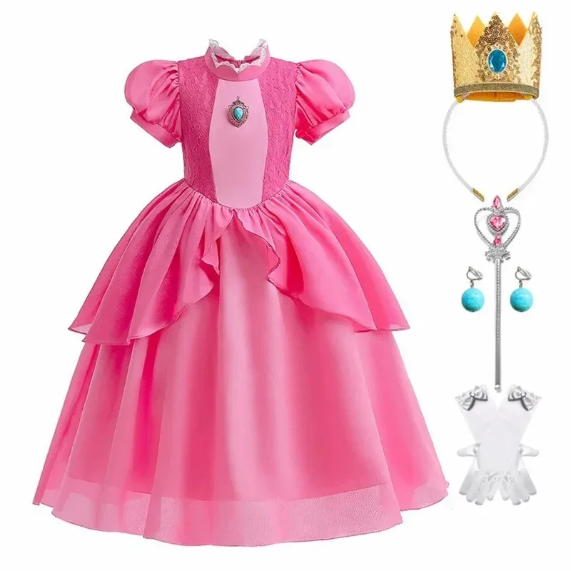2025 New Pink Princess Dress For Girls Costume Kids Cosplay Queen Peach Clothes Children Halloween BirthdBear House 002