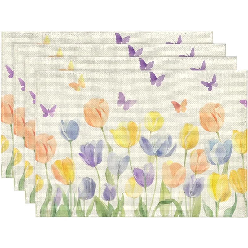 4Pcs, Watercolor Tulip Butterfly Placemats, Washable, Suitable for Holiday Parties, Home Decor, Kitchen Countertops, Rectangular