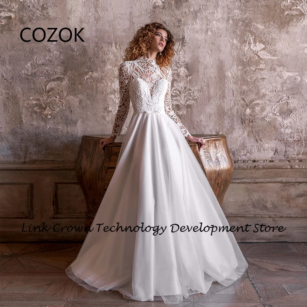 

COZOK Elegant High Neck Wedding Dresses with Lace Full Sleeve Bridal Gowns for Princess 2024 Summer A Line Vestidos De Novia