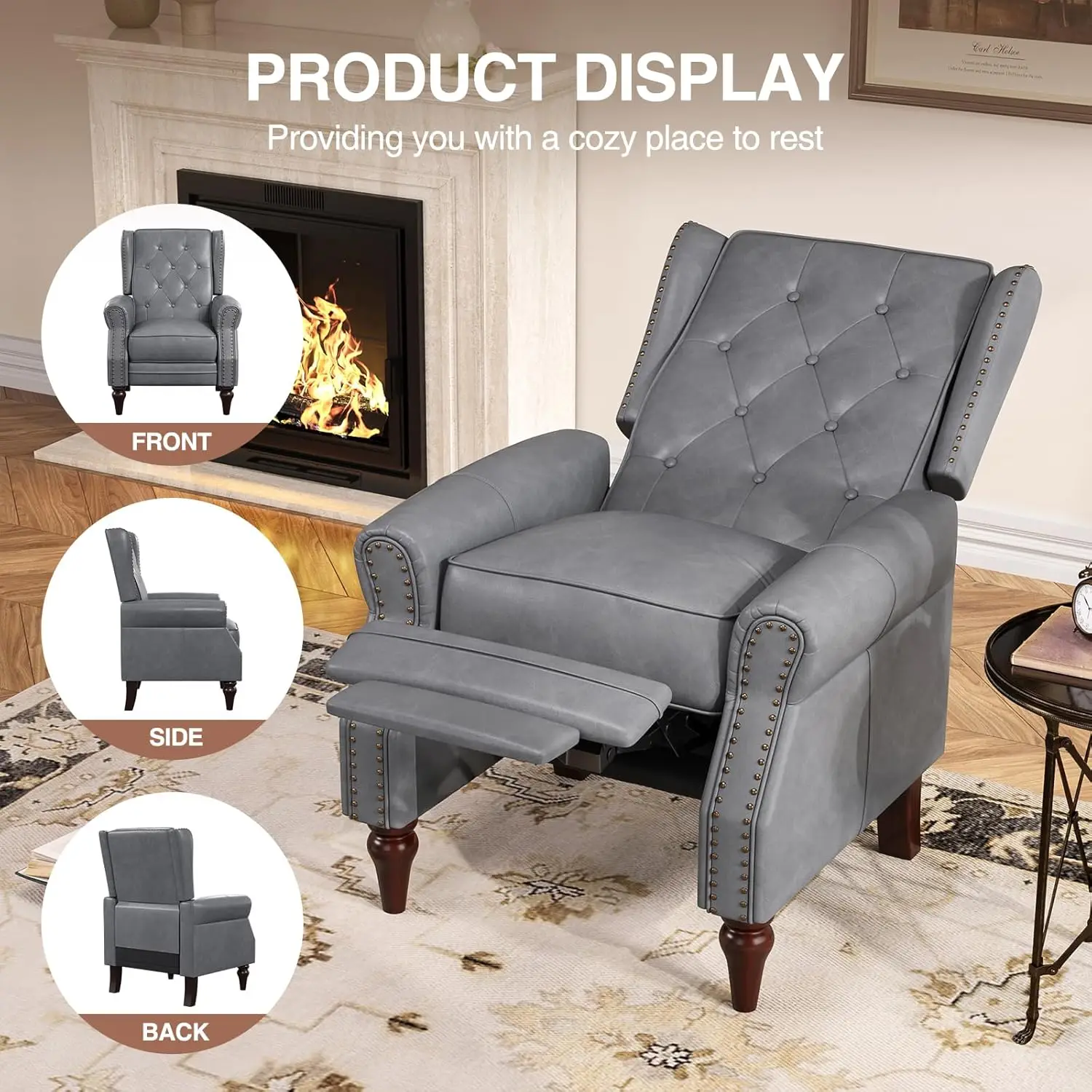 Small Recliner Chair Set Of 2, Modern Faux Leather Recliner With Tufted Buttons And Metal Rivets, Wingback Arm Chairs With