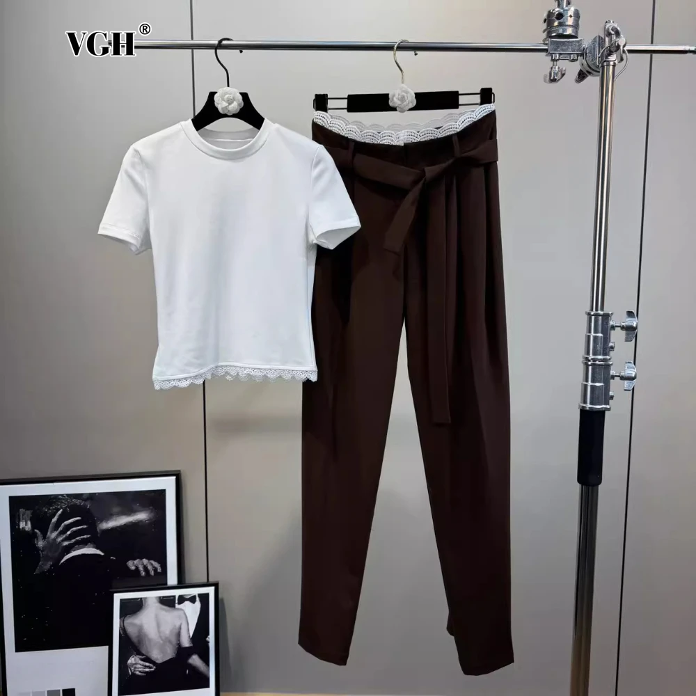 

VGH Office Lady Two Piece Ser for Women O Neck Patchwork Raw Edge Tops High Waist Spliced Lace Up Long Pant Summer Suit Female