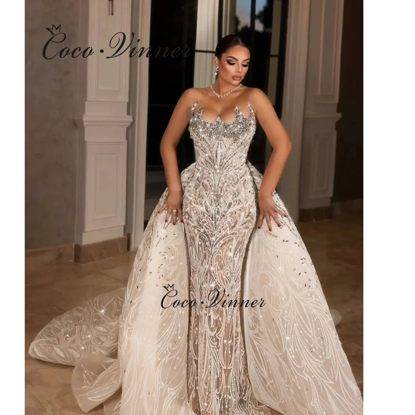 تخصيص خاص رائع 2 في 1 فستان الزفاف الفاخرة كريستال الديكور حورية البحر فساتين الزفاف مع قطار قابل للإزالة W1465