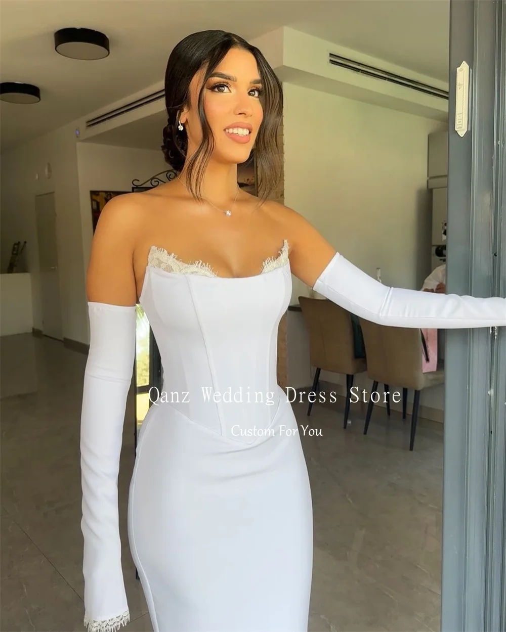 Qanz Elegant Customized Wedding Dresses Full Seeves Lace Vestidos De Festa Mermaid Strapless Robe De Mariage Sirene Manche Long