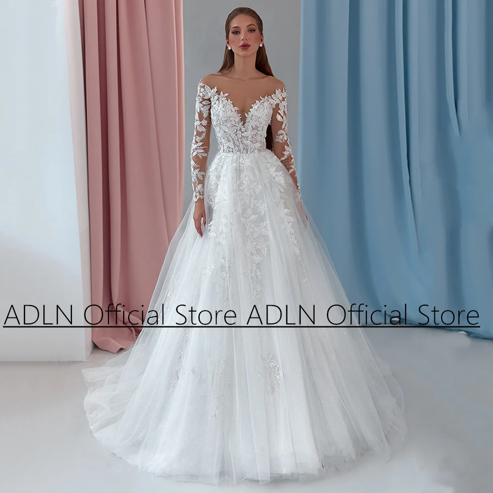 Sparkling Wedding Dress for Women  Bride Illusion Long Sleeves Scoop Neck Beading Applique Glitter Tulle A Line Bridal Gown