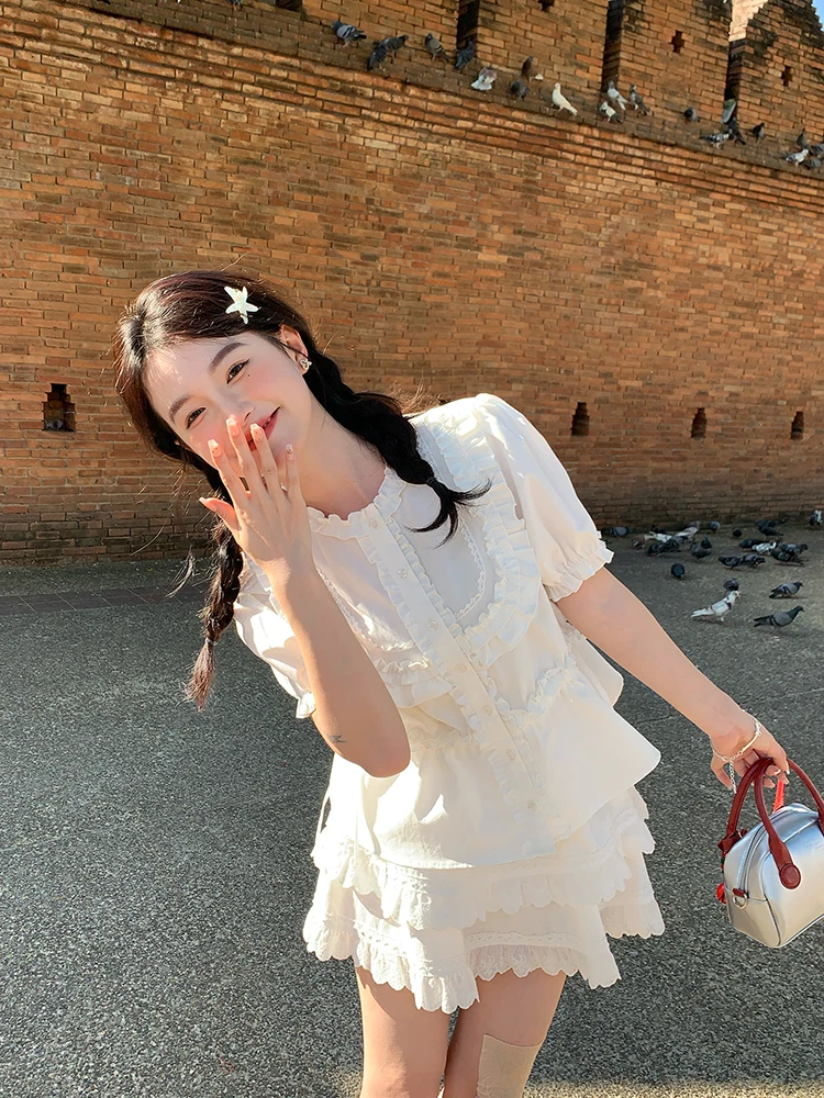 Japanese Sweet Preppy Style Ruffles Splicing Round Neck Puff  Short Sleeve Single Breasted Drawstring Slim Shirts Blouses Women