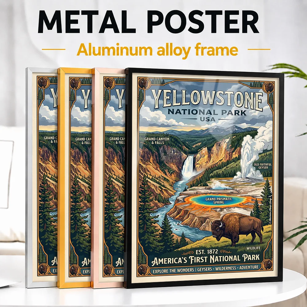 Yellowstone National Park Vintage Framed Metal Print Customized Photo Bright Vista Style Wall Art For Study Unique Traveler Gift