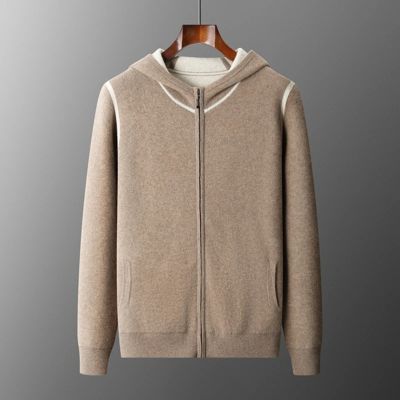 

Chic Autumn Winter Men's Sweater 100% Cashmere Thick Contrast Color Hooded Cardigan Soft Knitwear Casual Comfort Cashmere Tops