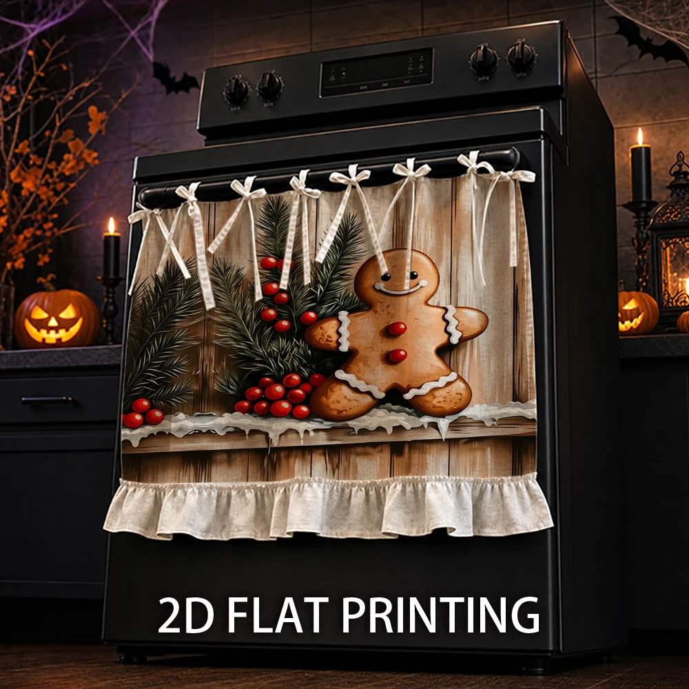 1PC Christmas Kitchen Stove Curtain — Cabinet Curtain — Apron. The design features gingerbread men, pine branches, and red berri