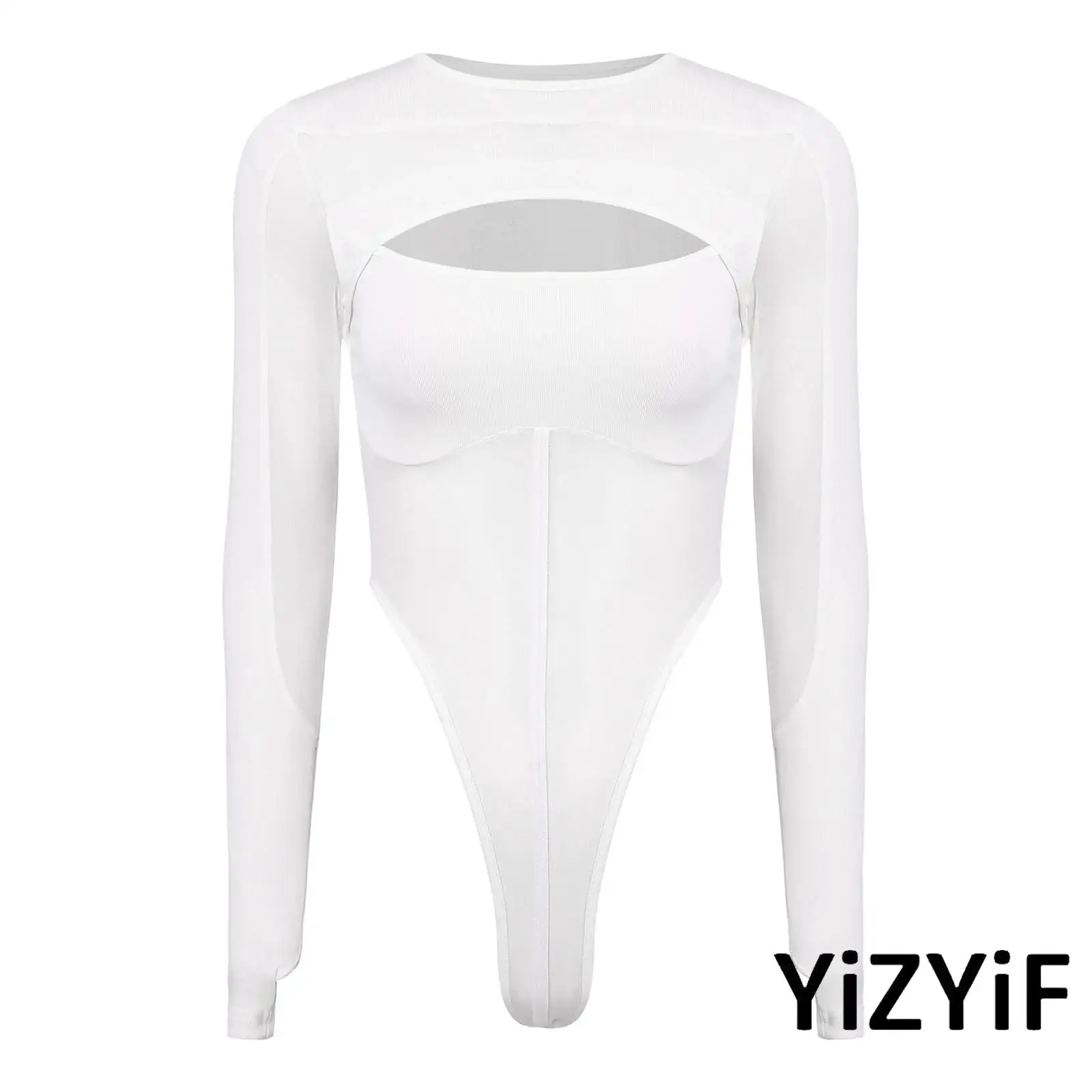 Womens Chic Bodysuit Streetwear Sheer Mesh Patchwork Front Cutout High-cutting Buttoned Crotch Form-fitting Leotard Playsuits