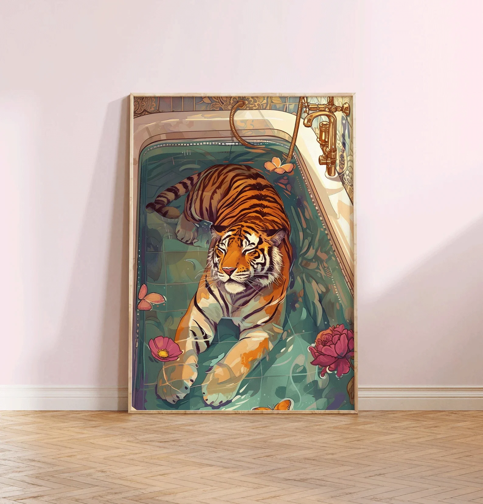 Seni dinding maximalis, Seni dinding eklektik yang dapat dicetak, Dekorasi Dinding Feminis, Seni dinding digital, Poster Warna-warni, Harimau Trendi, Digital