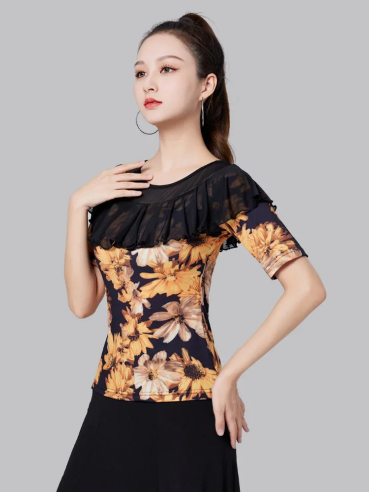 Ruffles Ballroom  Standard Waltz Dance Tops Stadium Modern Dancewear Jazz Tie Dye International Luxury Latin Women T-shirt 2024