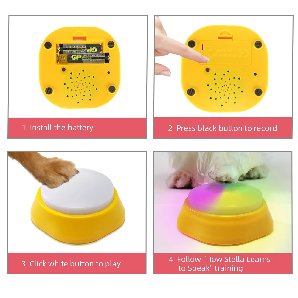 บันทึกสุนัขพูดคุยปุ่มสำหรับการฝึกอบรมสัตว์เลี้ยงสายรุ้งไฟ LED ออกแบบเสียงทนทานวัสดุ Talk ของเล่นพร้อมแผ่นสติกเกอร์
