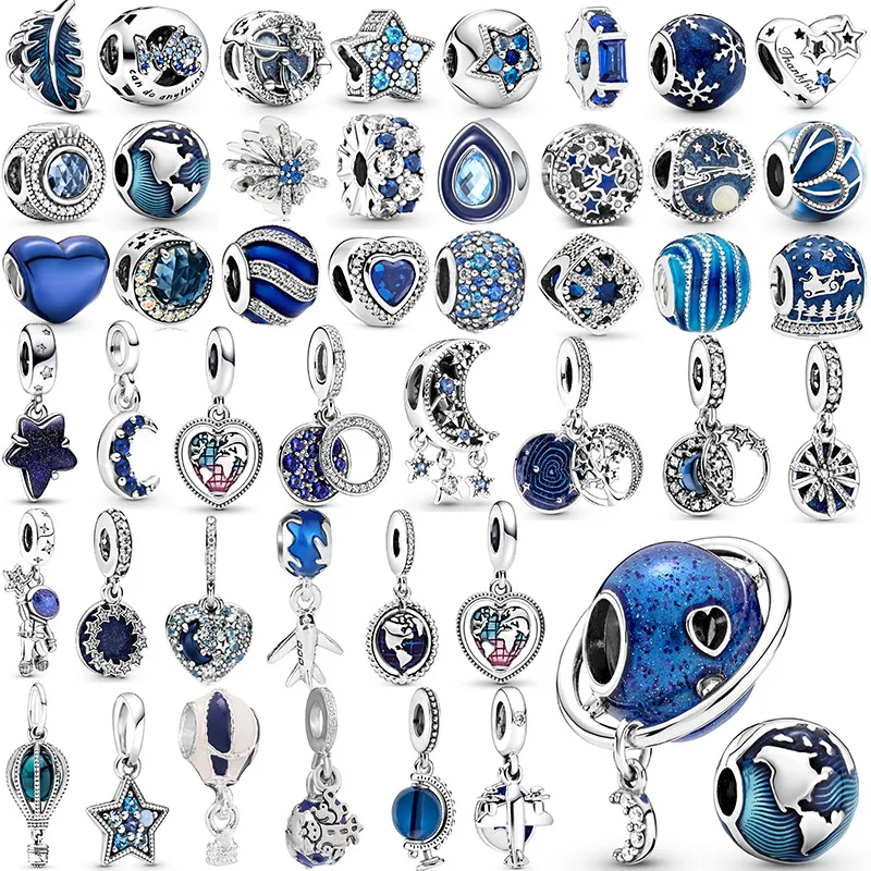 925 Silver Plated Blue Mysterious Starry Sky Star Moon Sun Pendant Charms Beads For Pandora Bracelet Jewelry Accessories Gifts