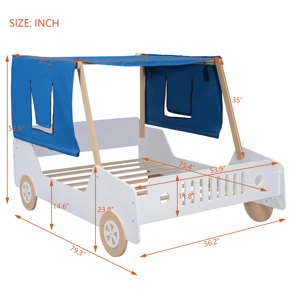 Autovormig Bed Houten Bedframe Met Tenten, Plafonddoek En Wielen, 400lbs Gewichtscapaciteit 79.3 "L X 56.2" Wx 52.6 "H Voor Kinderen