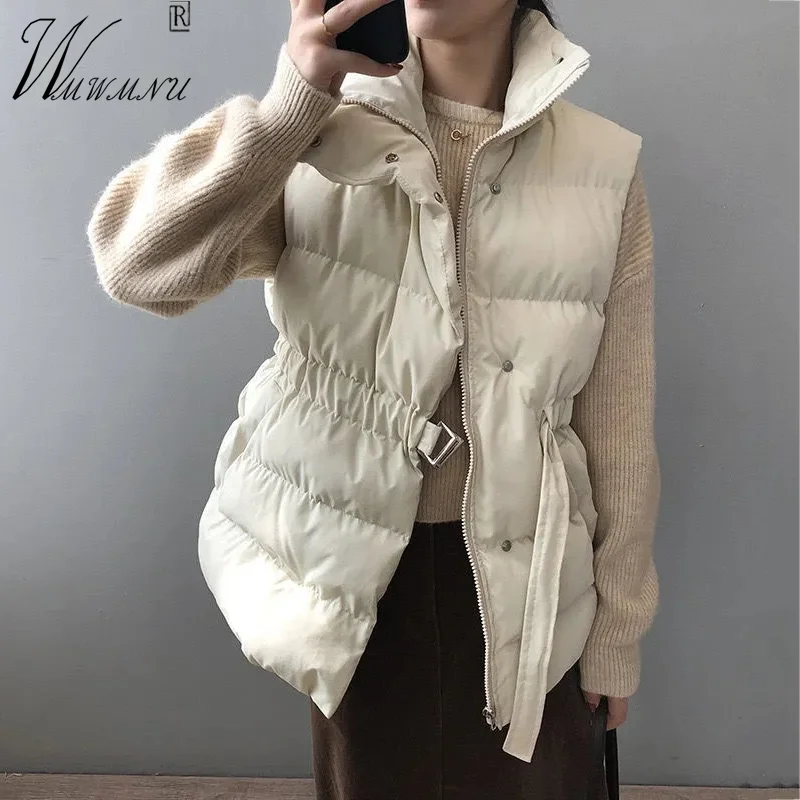 Fashion Slim Belt Winter Vests Stand Collar Duck Down Coat Women Cotton Waistcoat Warm Sleeveless Jacket Autumn Winter Parkas