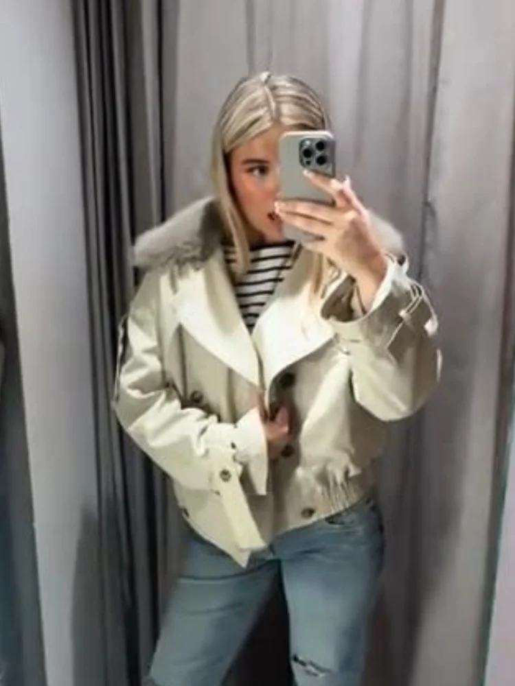 

Woman Double Breasted Long Sleeves Loose CoatSolid Color Fur Collar Jacket Versatile Fashion Women's New Autumn Winter Jackets