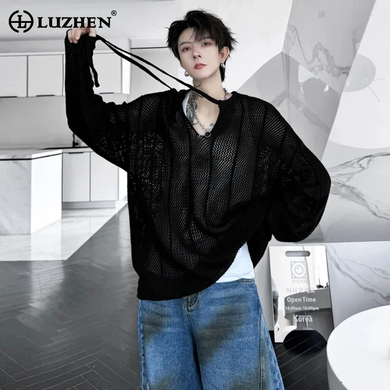 

LUZHEN Autumn Plain Hollow Design Breathable Pullover Knitted Sweater Fashion Casual Versatile Ribbon Splicing Men's Tops LZ4937