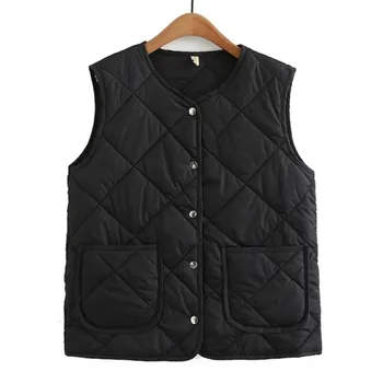 Chaqueta sin mangas de talla grande para mujer, chaleco acolchado cálido con cuello redondo, Color de bloque curvo, otoño e invierno, 2023