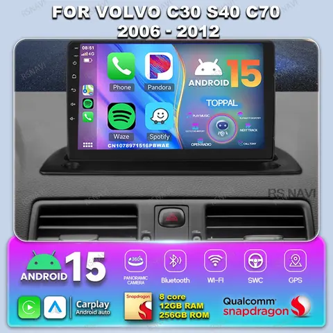 볼보 C30 S40 C70 2006-2012용 안드로이드 14 카 라디오, 네비게이션 멀티미디어 QLED RDS BT 무선 360 카메라 AI 음성 Qualcomm 탑재