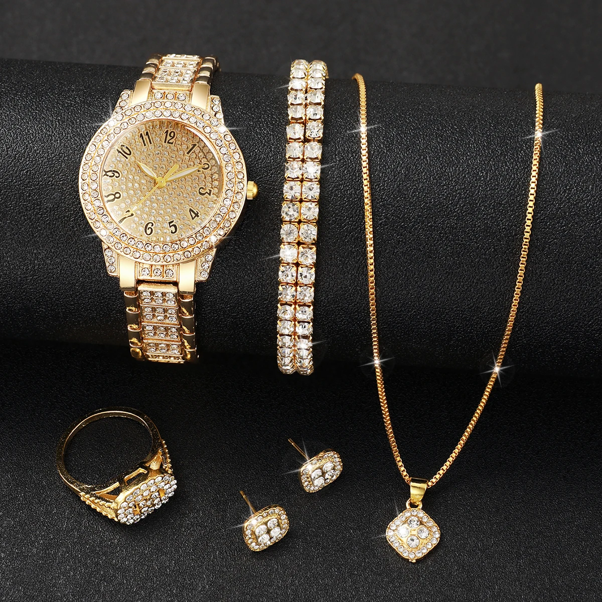 6PCs/Set Luxury Women's Watch with Diamond Set Stainless Steel Fashion Quartz Watch Paired with Exquisite Jewelry Set