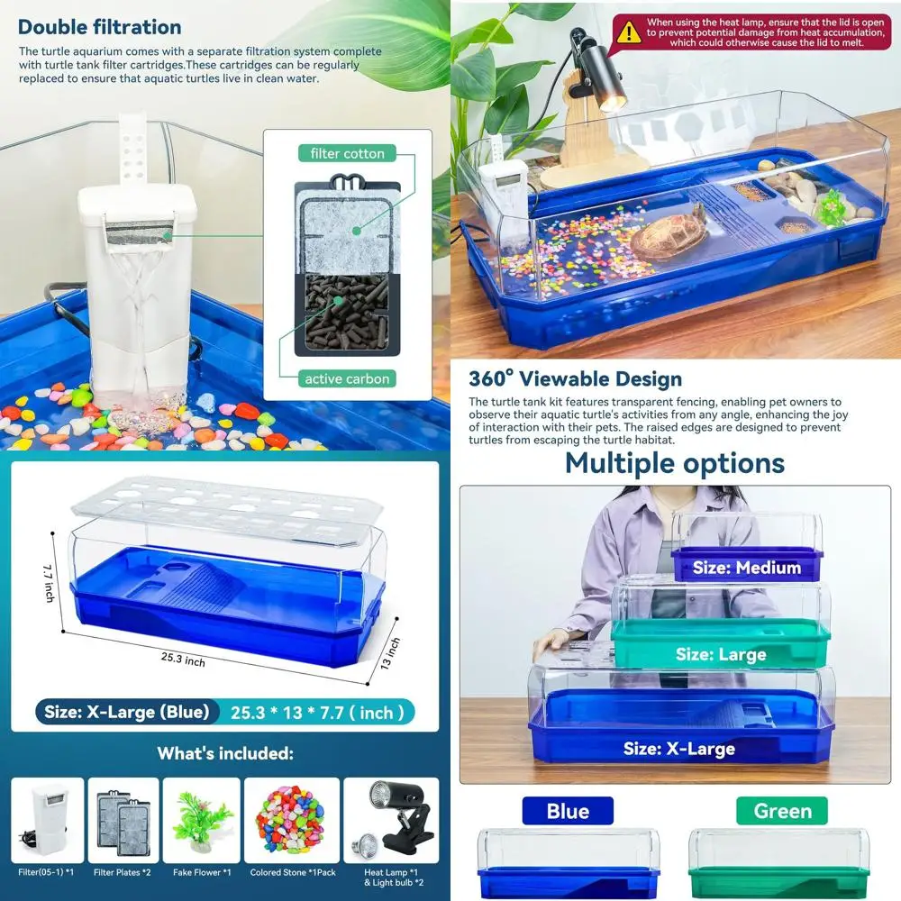 

Aquatic Turtle Habitat Kit: Large, Blue, 360° Viewing, Standalone Filtration, DIY Zone, Enriched Living with Light