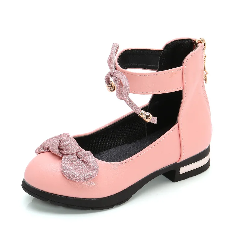 

Girls Princess Shoes Soft Sole Sandals Ankle Strap Slip on Low Heeled PU Leather Kids Sandals with Bow Tie Children Casual Shoes